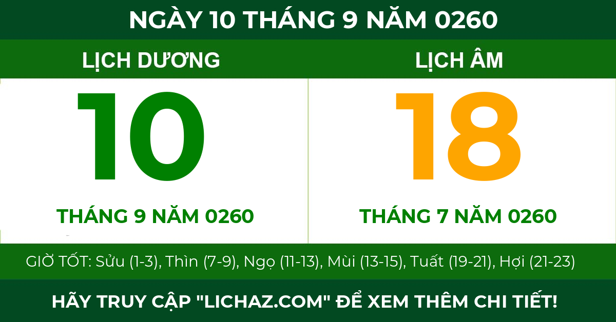 lịch âm ngày 10 tháng 9 năm 0260