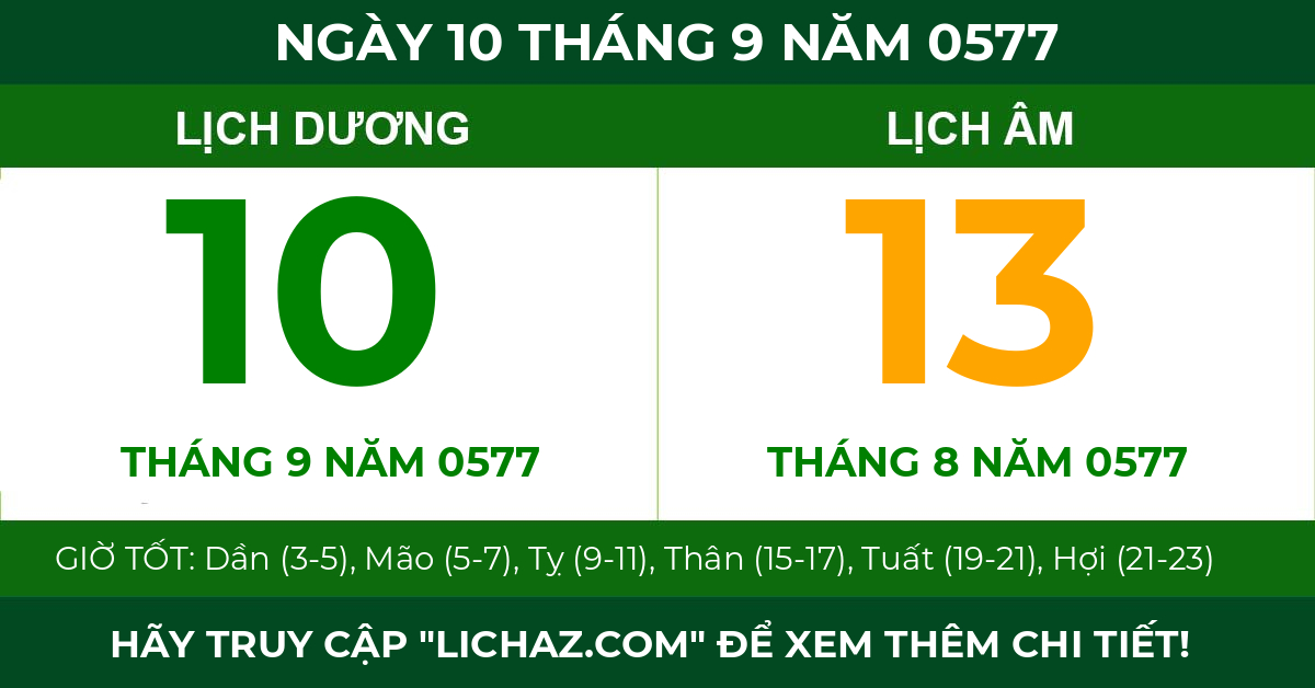 lịch âm ngày 10 tháng 9 năm 0577