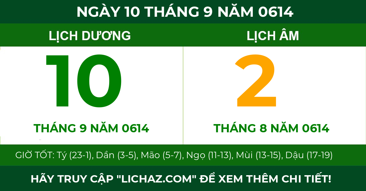 lịch âm ngày 10 tháng 9 năm 0614