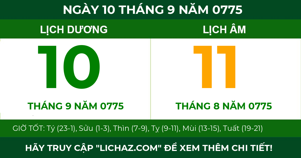 lịch âm ngày 10 tháng 9 năm 0775