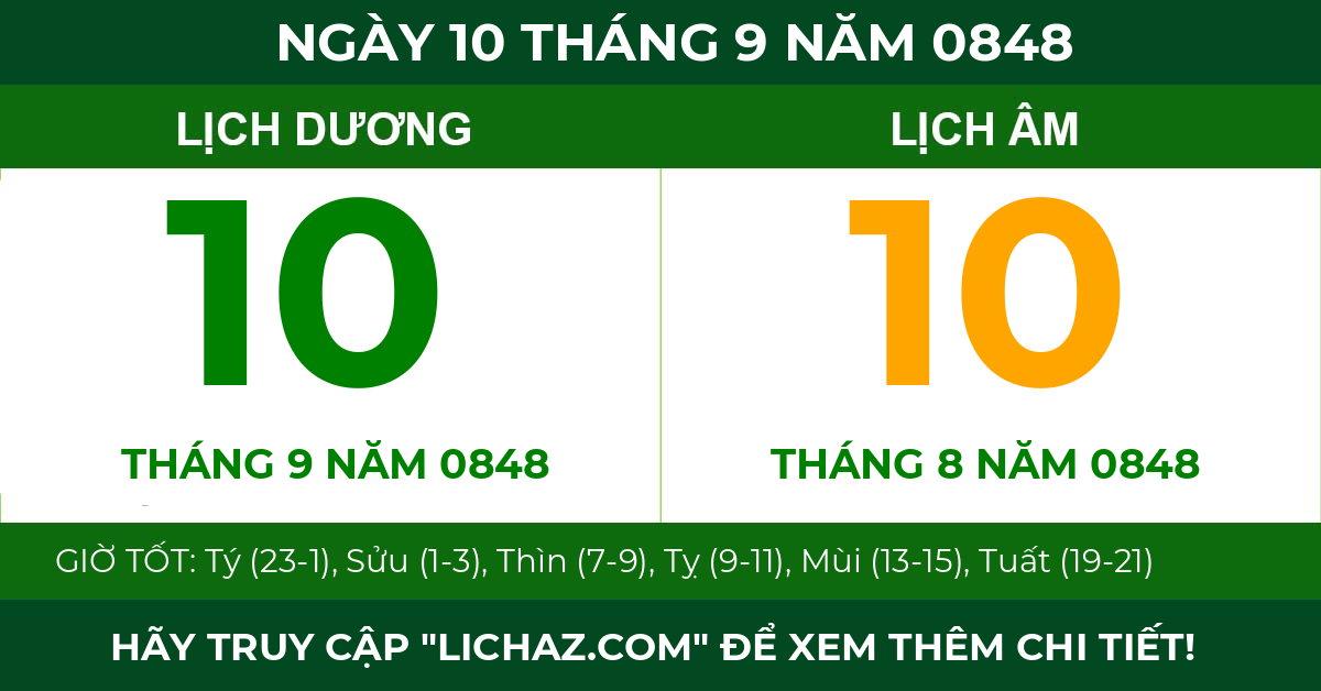lịch âm ngày 10 tháng 9 năm 0848