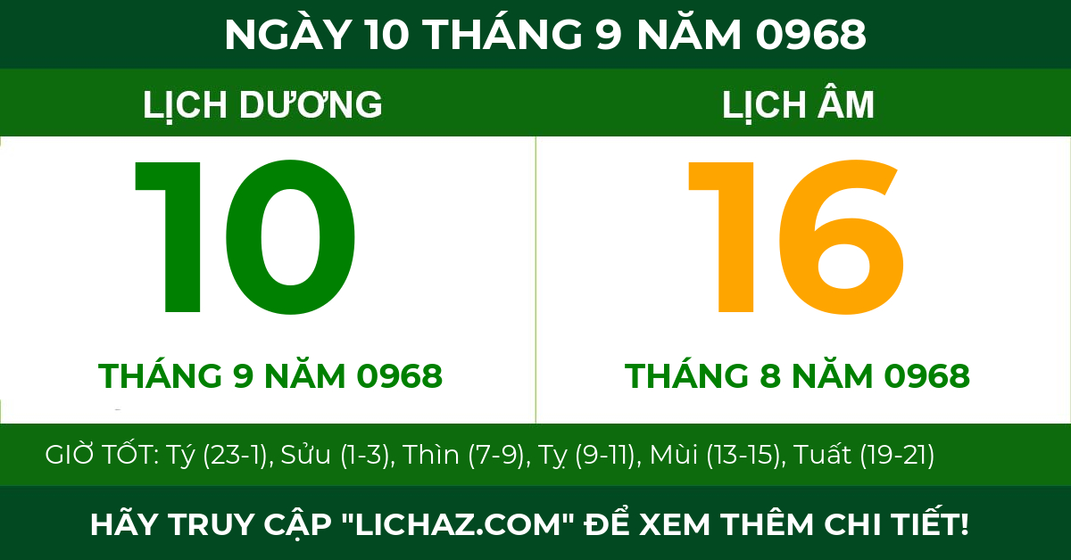 lịch âm ngày 10 tháng 9 năm 0968