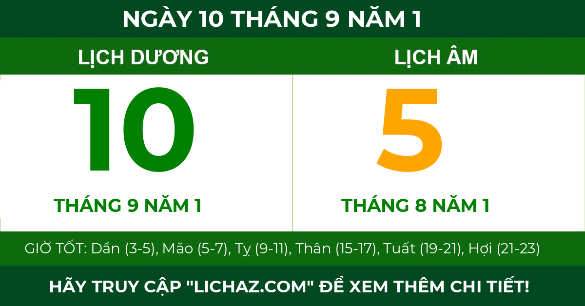 lịch âm ngày 10 tháng 9 năm 1