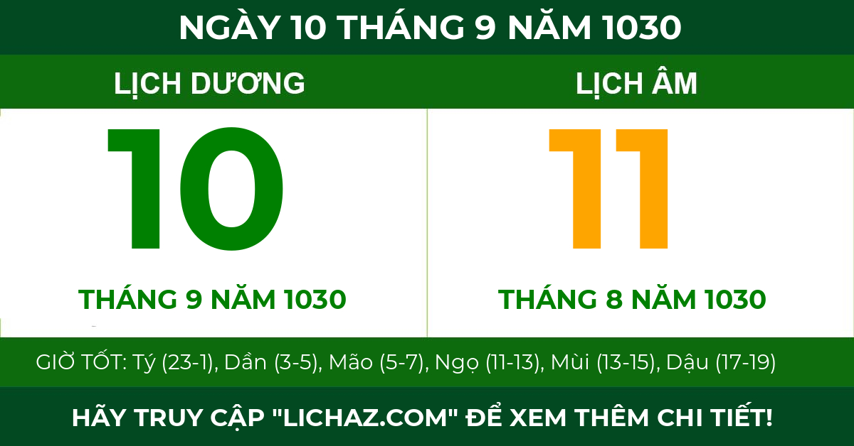 lịch âm ngày 10 tháng 9 năm 1030