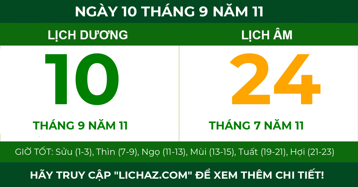 lịch âm ngày 10 tháng 9 năm 11