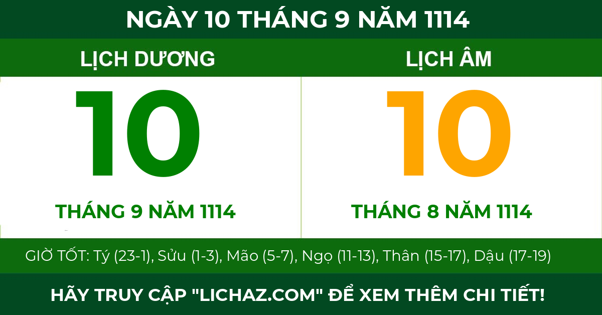 lịch âm ngày 10 tháng 9 năm 1114