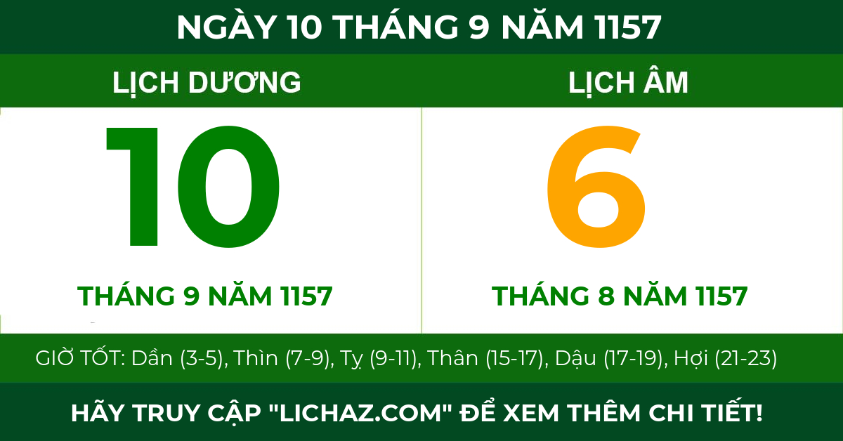 lịch âm ngày 10 tháng 9 năm 1157
