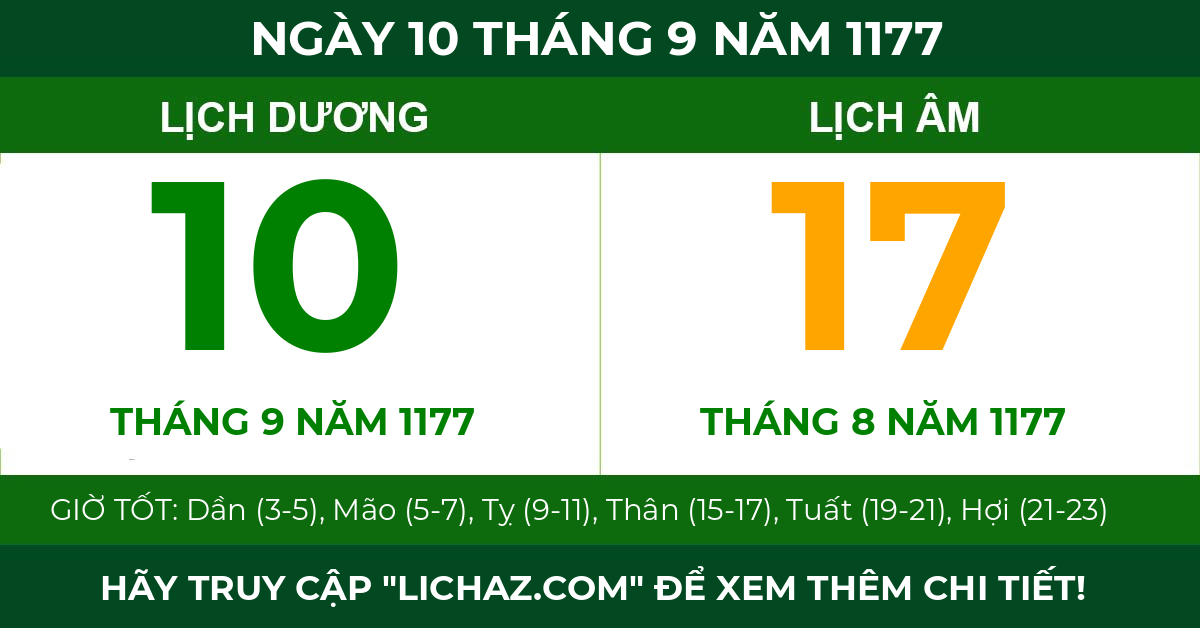 lịch âm ngày 10 tháng 9 năm 1177