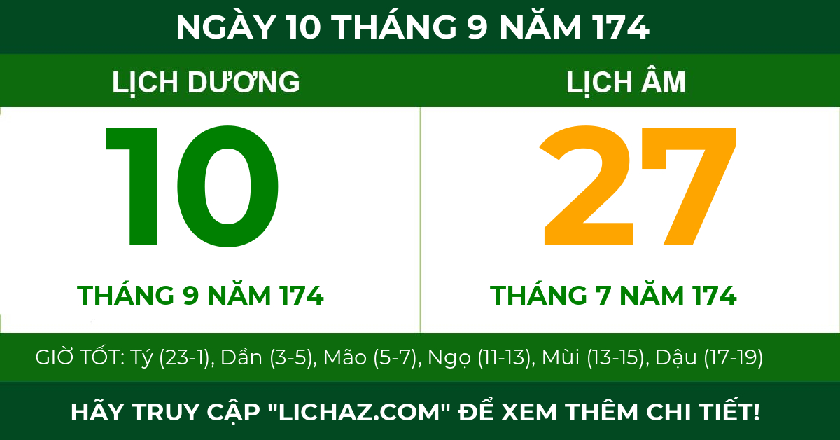 lịch âm ngày 10 tháng 9 năm 174