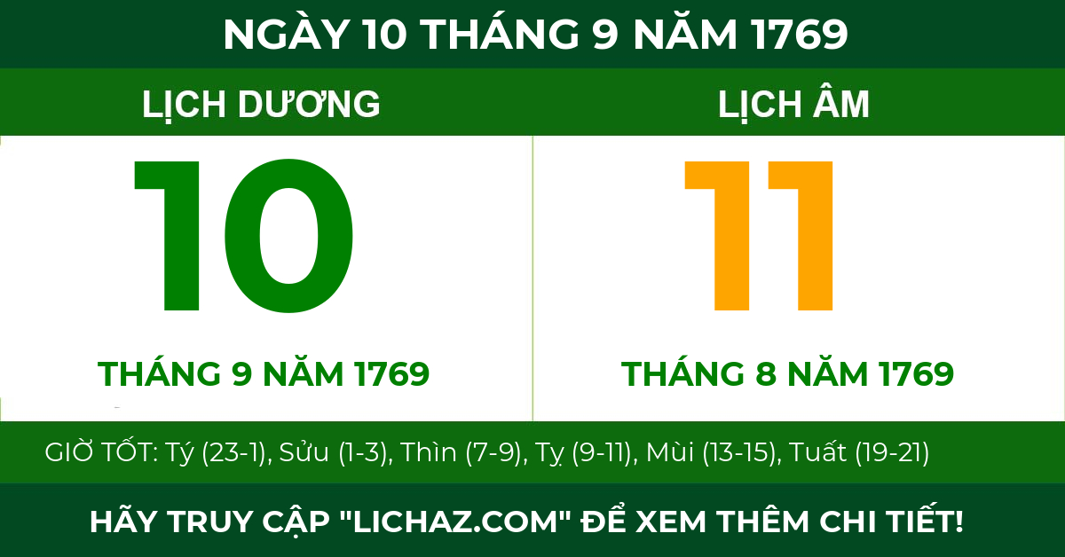 lịch âm ngày 10 tháng 9 năm 1769