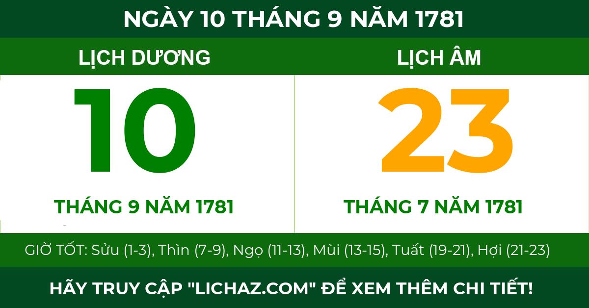 lịch âm ngày 10 tháng 9 năm 1781