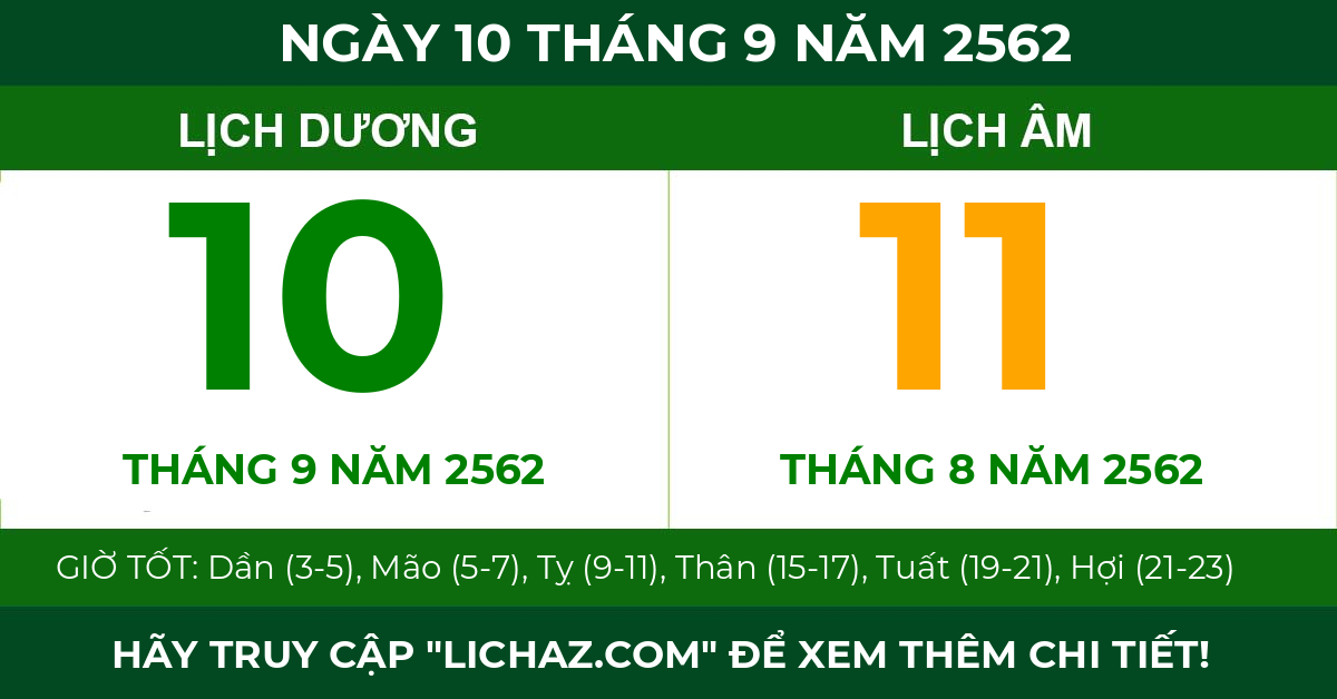 lịch âm ngày 10 tháng 9 năm 2562