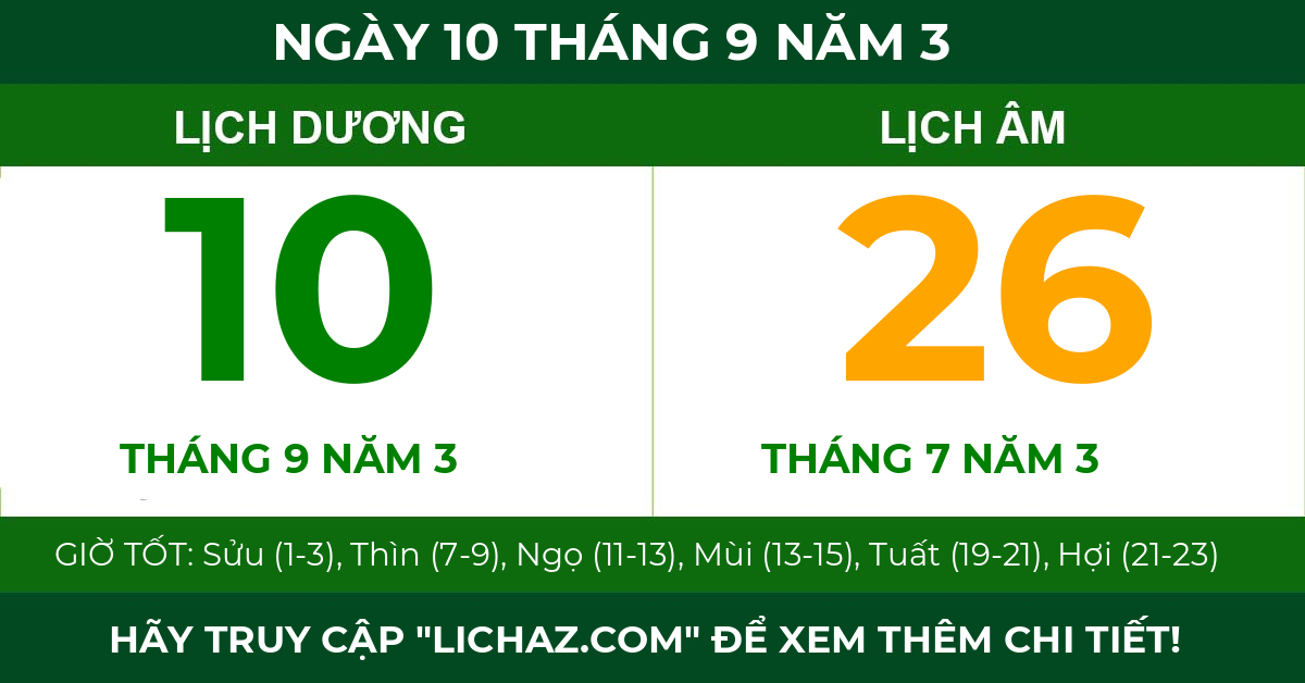 lịch âm ngày 10 tháng 9 năm 3