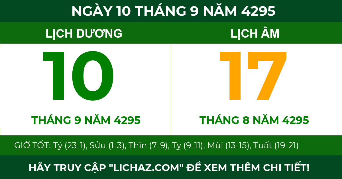 lịch âm ngày 10 tháng 9 năm 4295