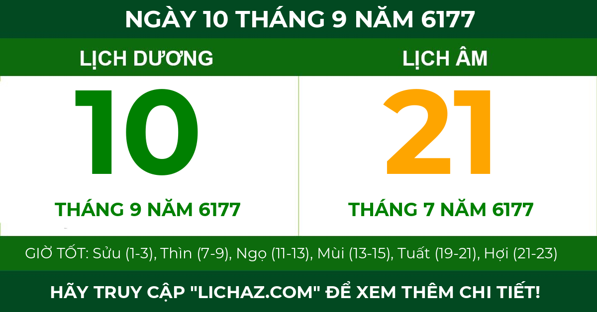 lịch âm ngày 10 tháng 9 năm 6177