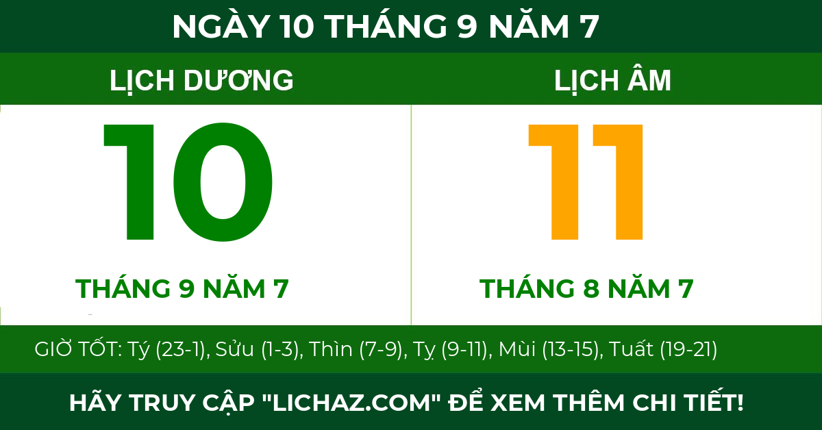 lịch âm ngày 10 tháng 9 năm 7