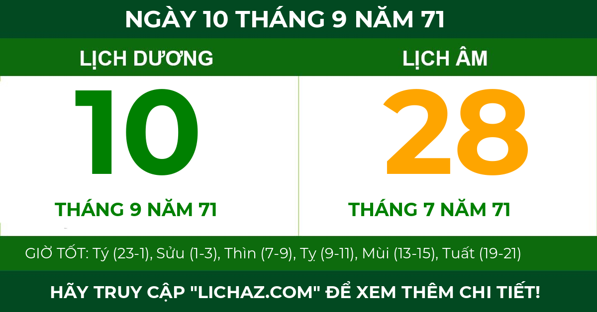 lịch âm ngày 10 tháng 9 năm 71