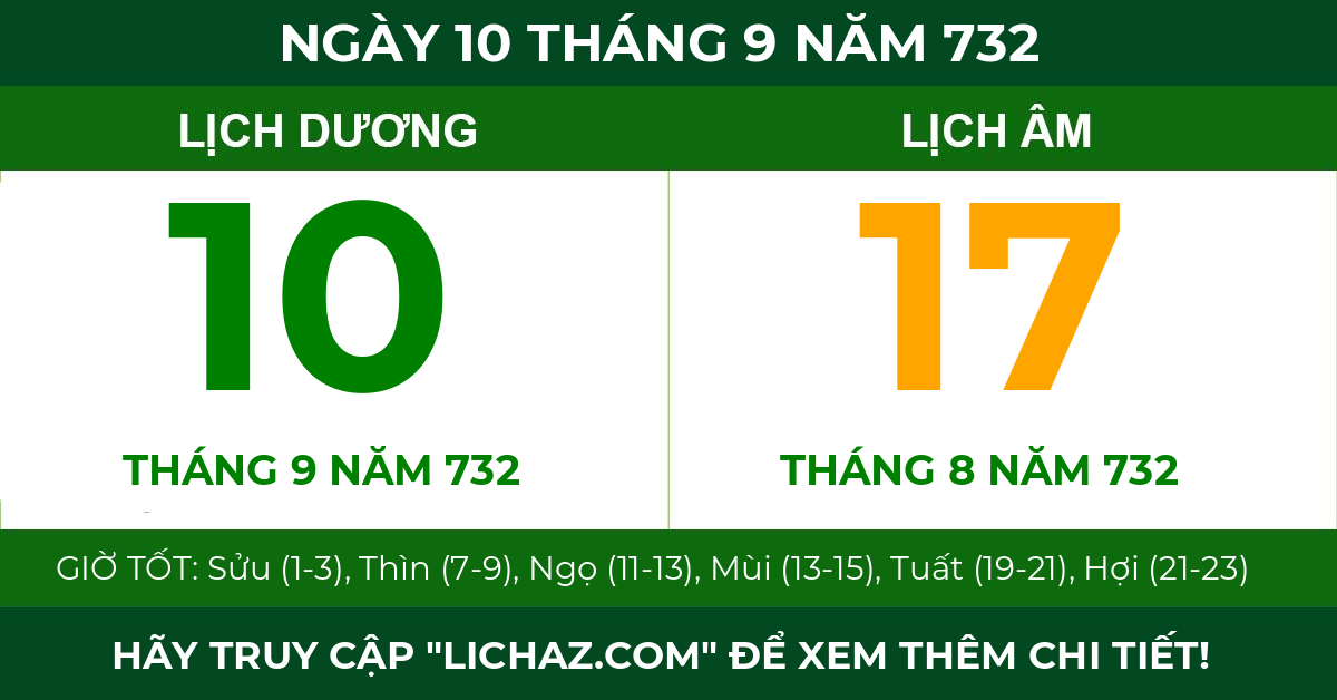 lịch âm ngày 10 tháng 9 năm 732