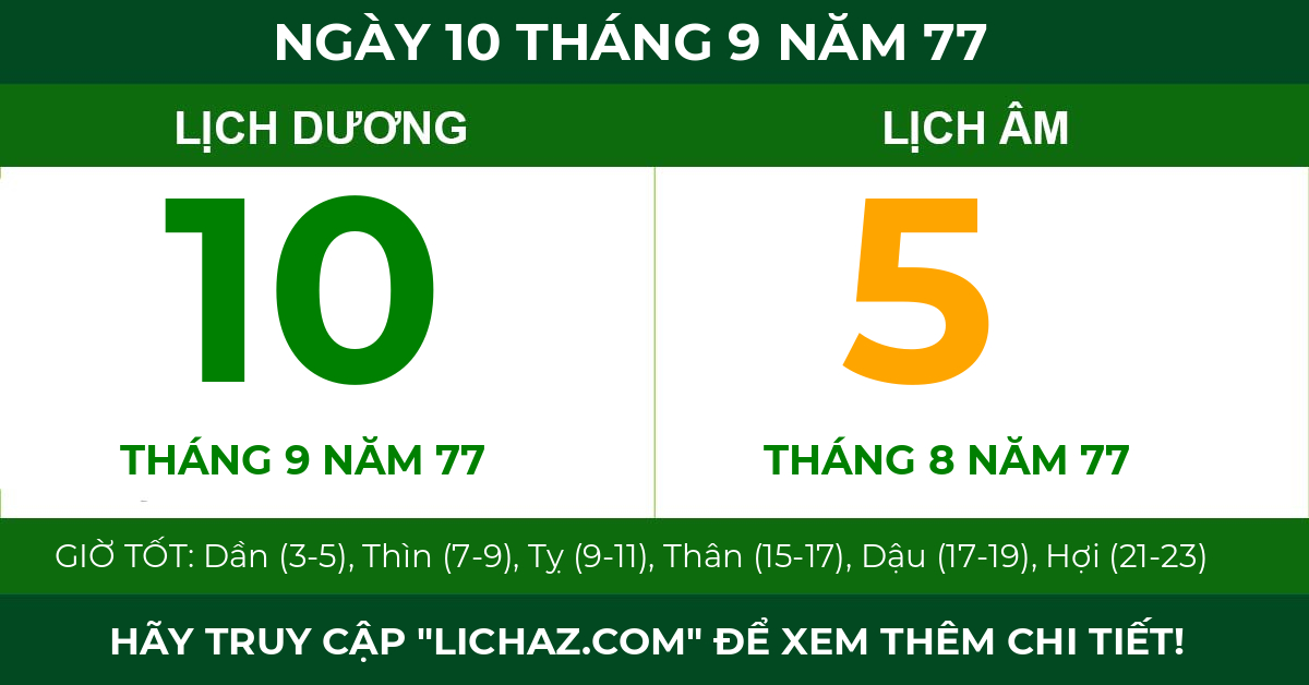 lịch âm ngày 10 tháng 9 năm 77