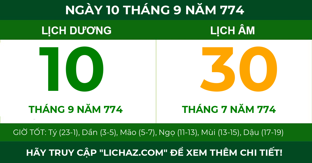 lịch âm ngày 10 tháng 9 năm 774