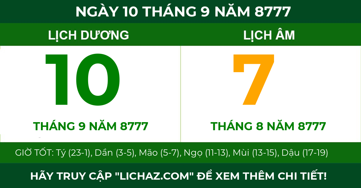 lịch âm ngày 10 tháng 9 năm 8777