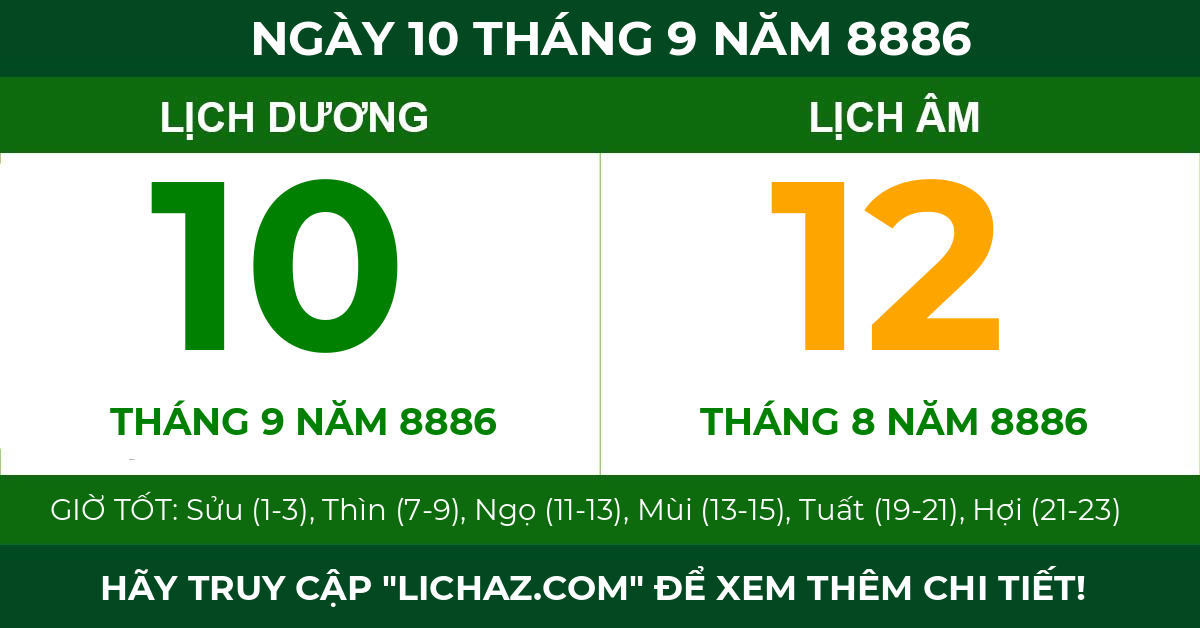 lịch âm ngày 10 tháng 9 năm 8886