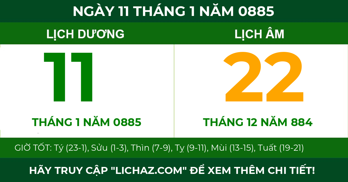 lịch âm ngày 11 tháng 1 năm 0885