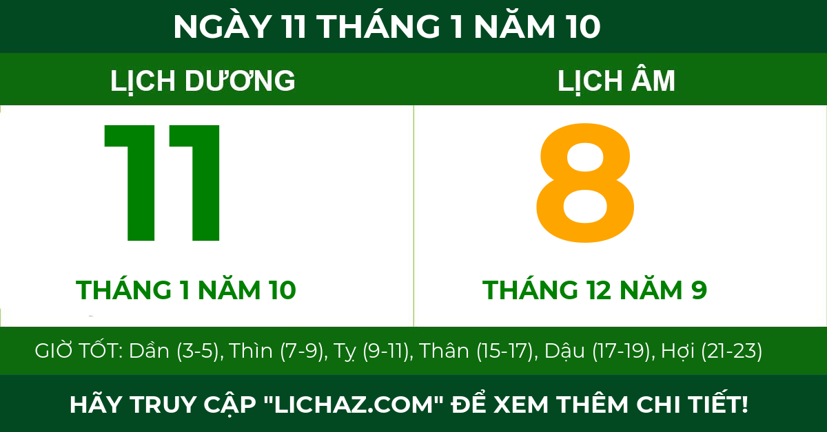 lịch âm ngày 11 tháng 1 năm 10