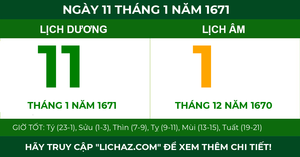 lịch âm ngày 11 tháng 1 năm 1671