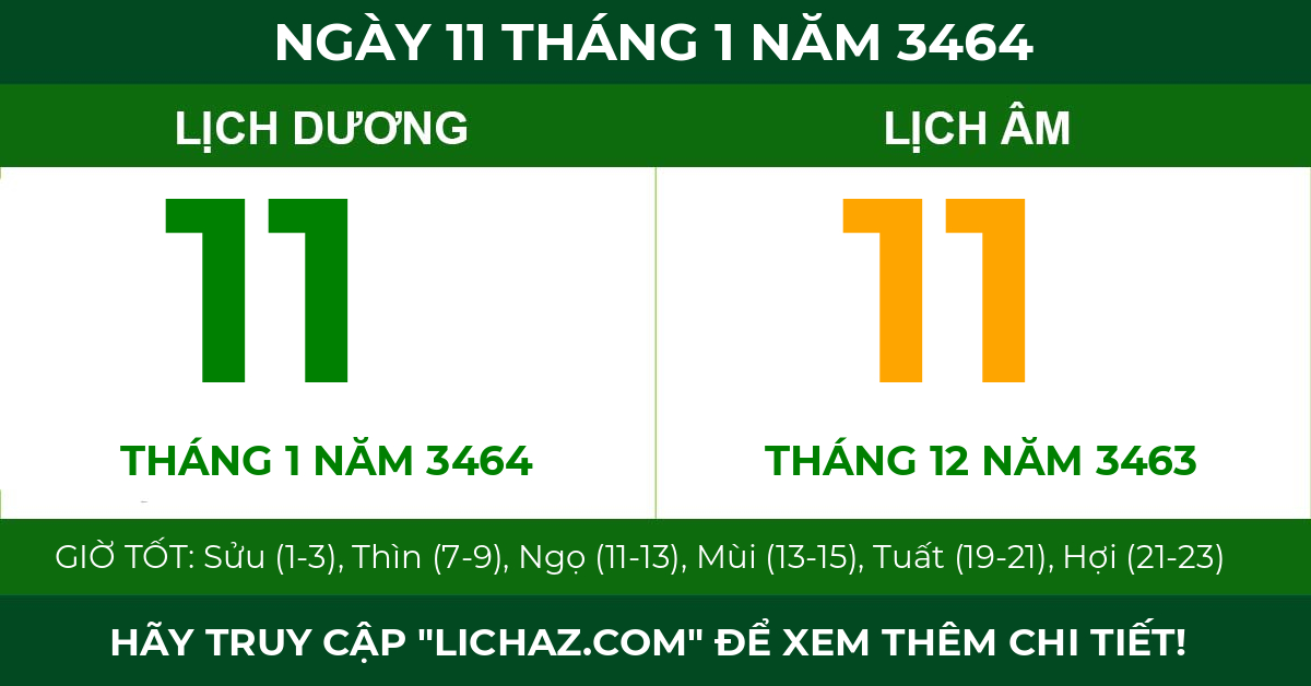 lịch âm ngày 11 tháng 1 năm 3464