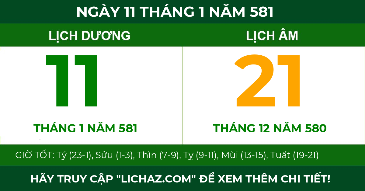 lịch âm ngày 11 tháng 1 năm 581