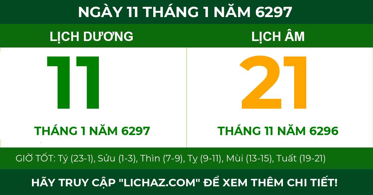 lịch âm ngày 11 tháng 1 năm 6297