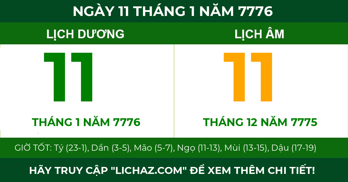 lịch âm ngày 11 tháng 1 năm 7776