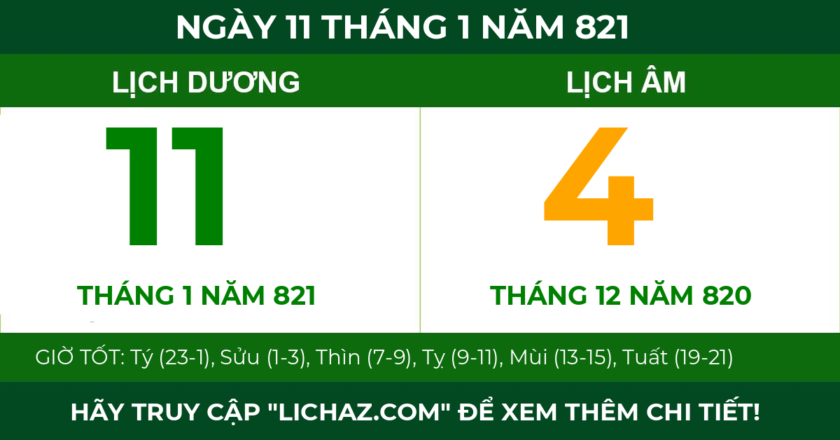 lịch âm ngày 11 tháng 1 năm 821