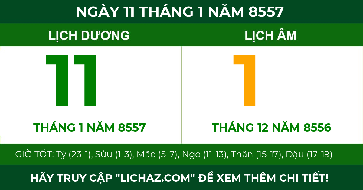lịch âm ngày 11 tháng 1 năm 8557