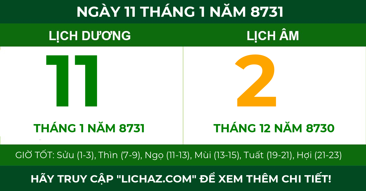 lịch âm ngày 11 tháng 1 năm 8731