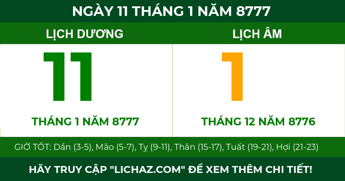 lịch âm ngày 11 tháng 1 năm 8777