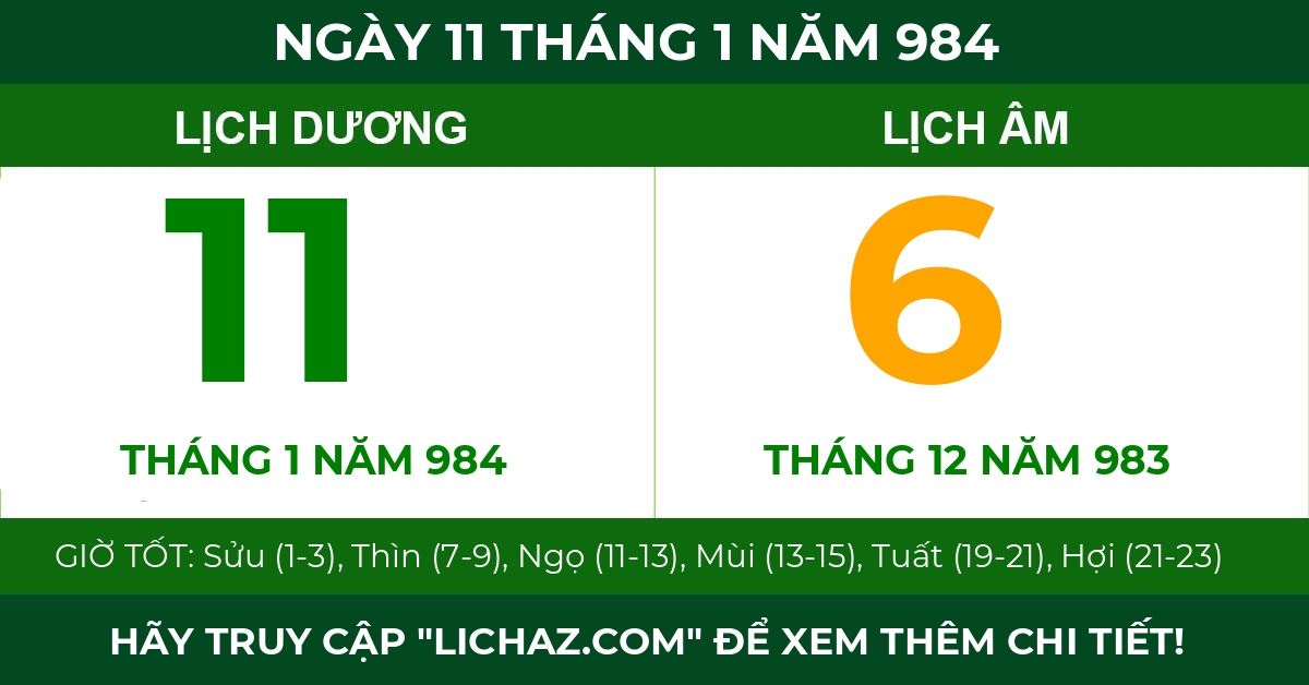 lịch âm ngày 11 tháng 1 năm 984