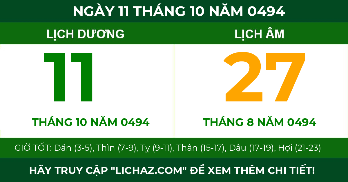 lịch âm ngày 11 tháng 10 năm 0494