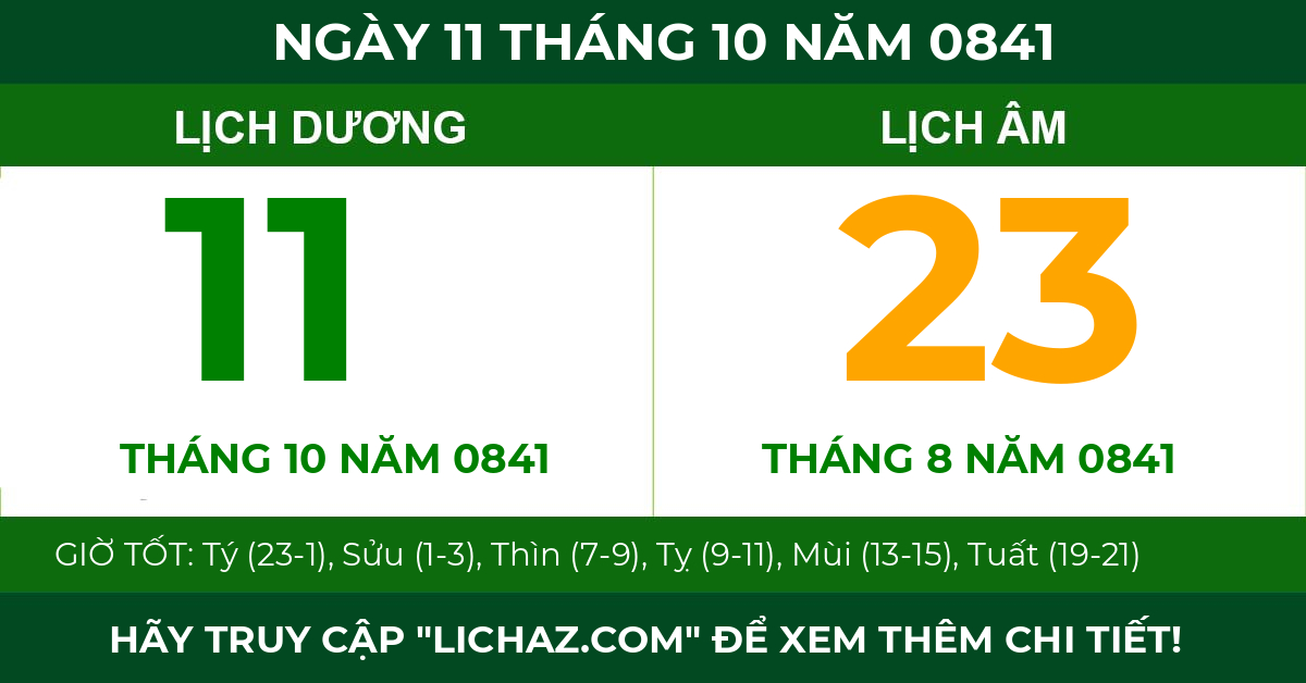 lịch âm ngày 11 tháng 10 năm 0841