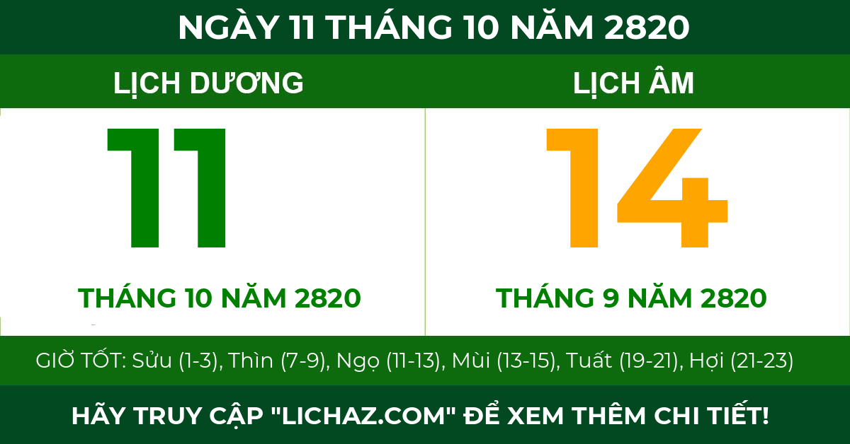 lịch âm ngày 11 tháng 10 năm 2820