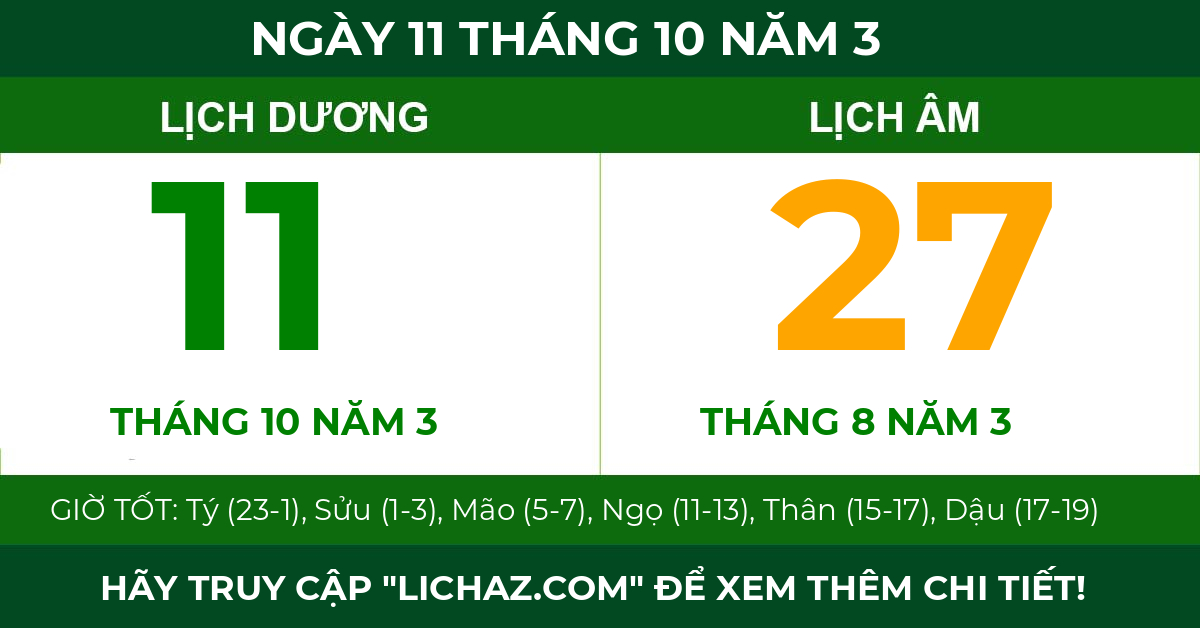 lịch âm ngày 11 tháng 10 năm 3
