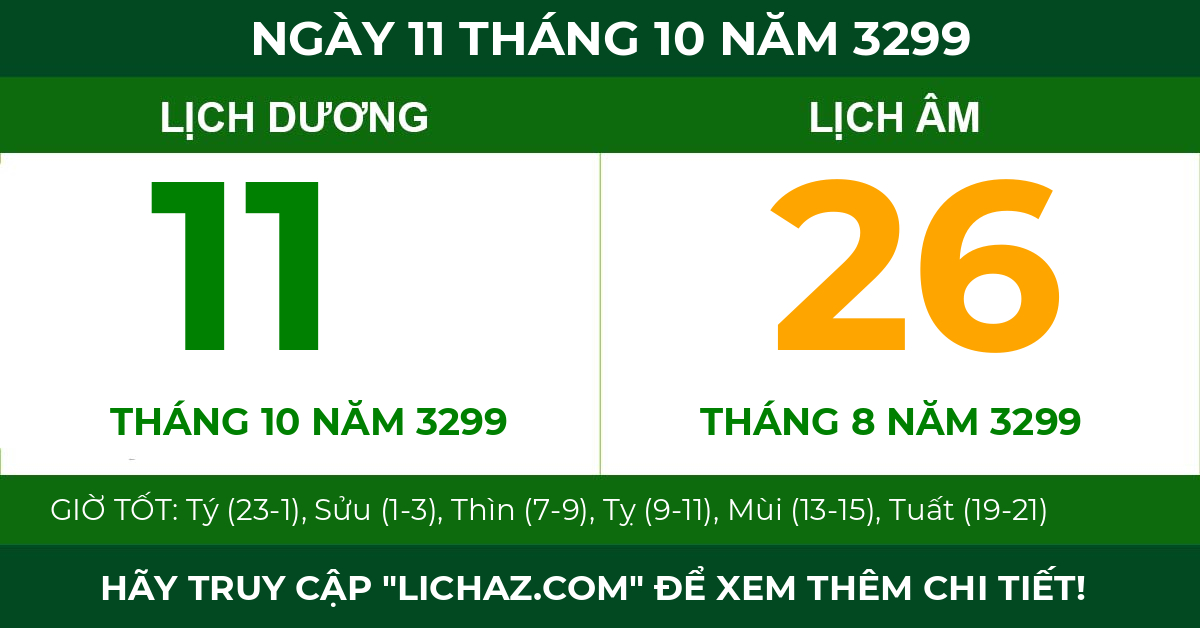 lịch âm ngày 11 tháng 10 năm 3299