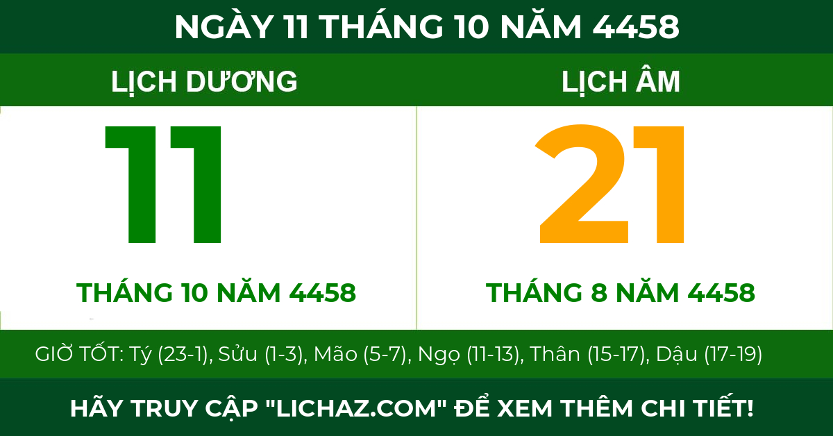 lịch âm ngày 11 tháng 10 năm 4458