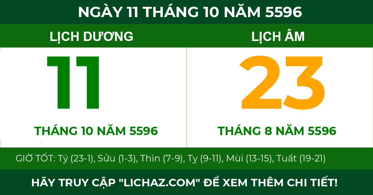 lịch âm ngày 11 tháng 10 năm 5596