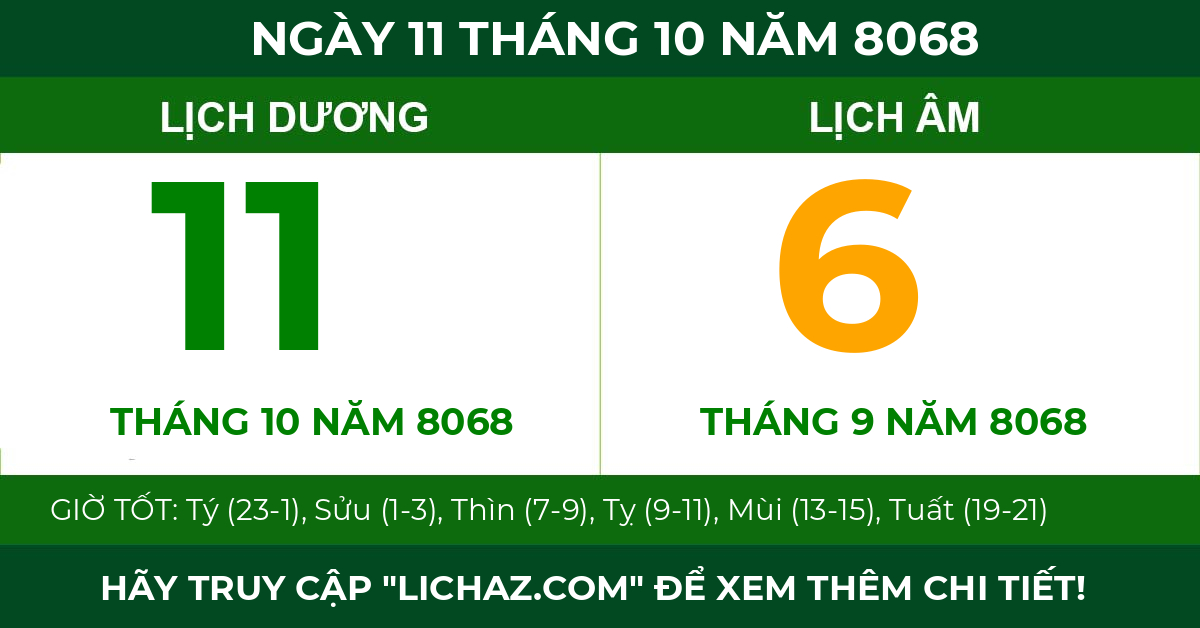 lịch âm ngày 11 tháng 10 năm 8068