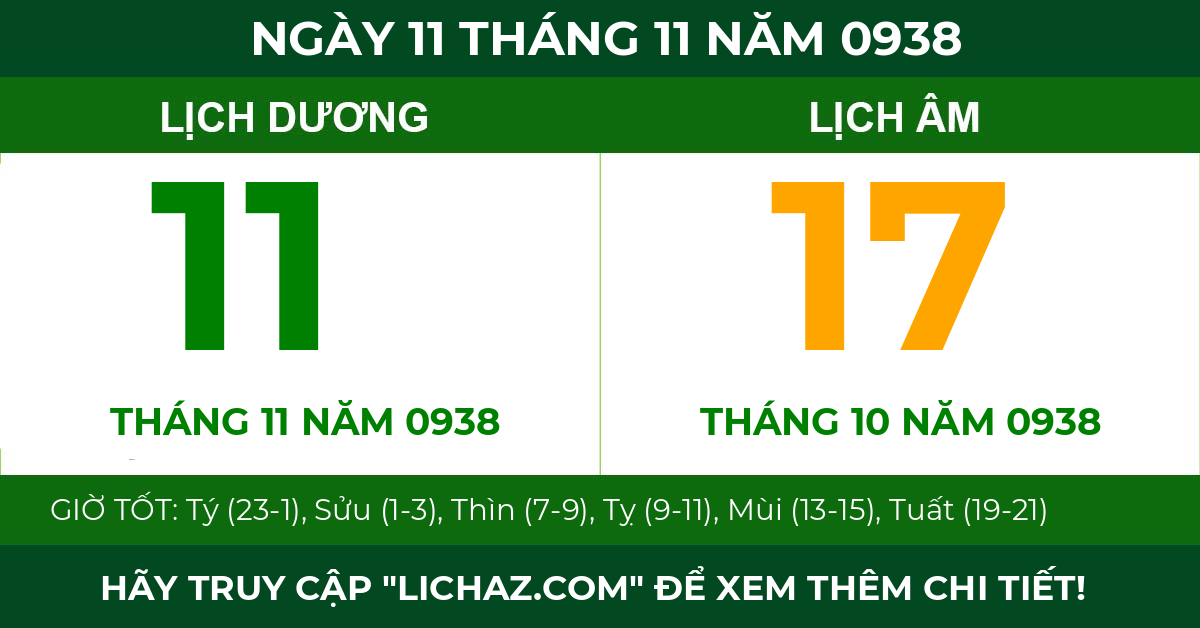 lịch âm ngày 11 tháng 11 năm 0938