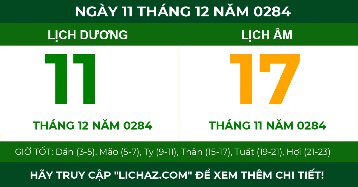lịch âm ngày 11 tháng 12 năm 0284