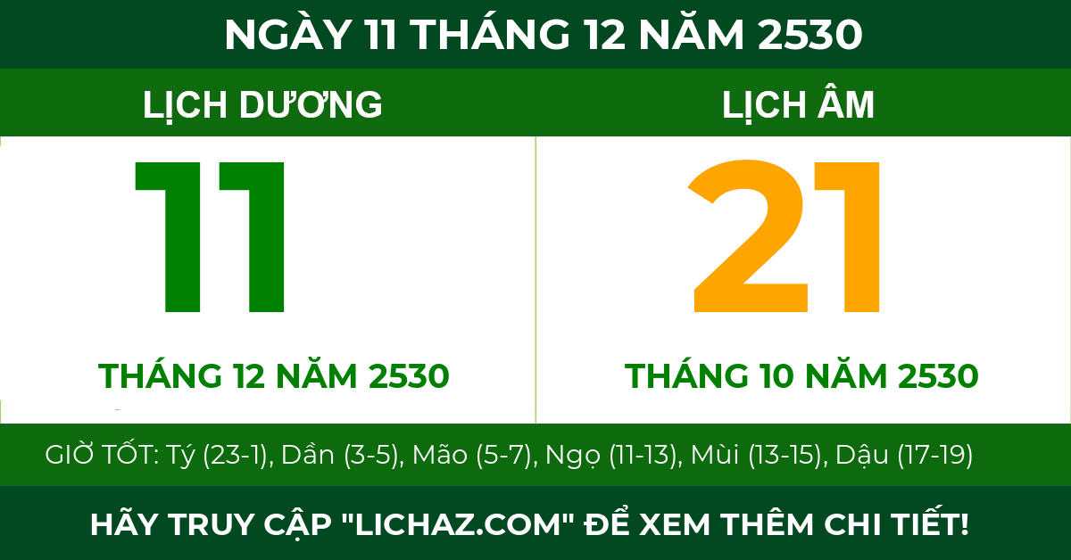 lịch âm ngày 11 tháng 12 năm 2530