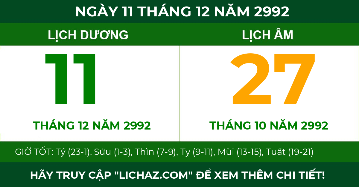 lịch âm ngày 11 tháng 12 năm 2992
